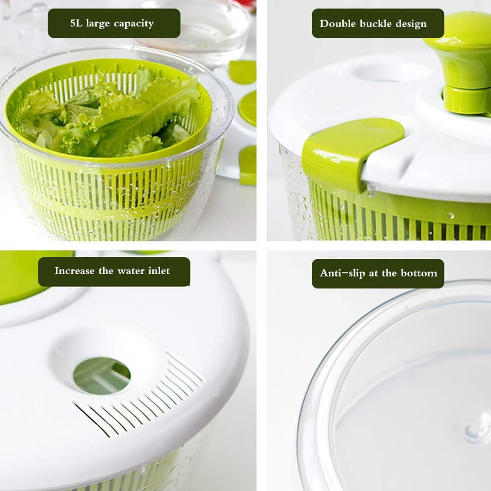 Kitchen Salad Spinner Large 5L Capacity - Manual Lettuce Spinner With Secure Lid Lock & Rotary Handle & Built-In Draining System