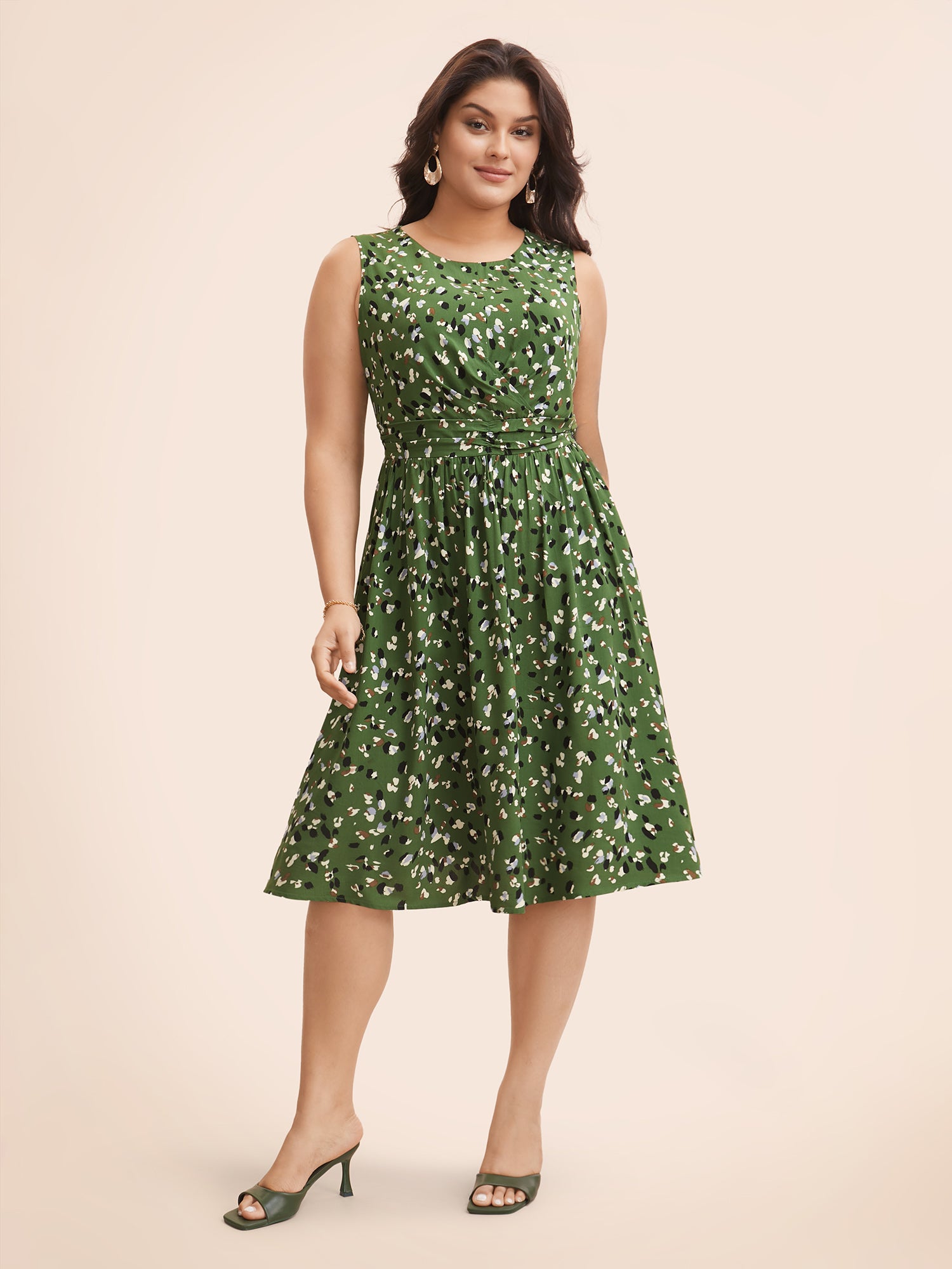 Allover Print Pocket Flutter Crossover Ruched Tank Dress