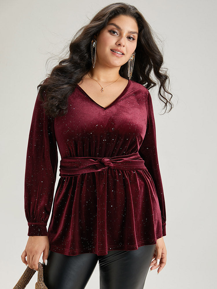 Glitter Sequin Velvet Twist Front V Neck Blouse