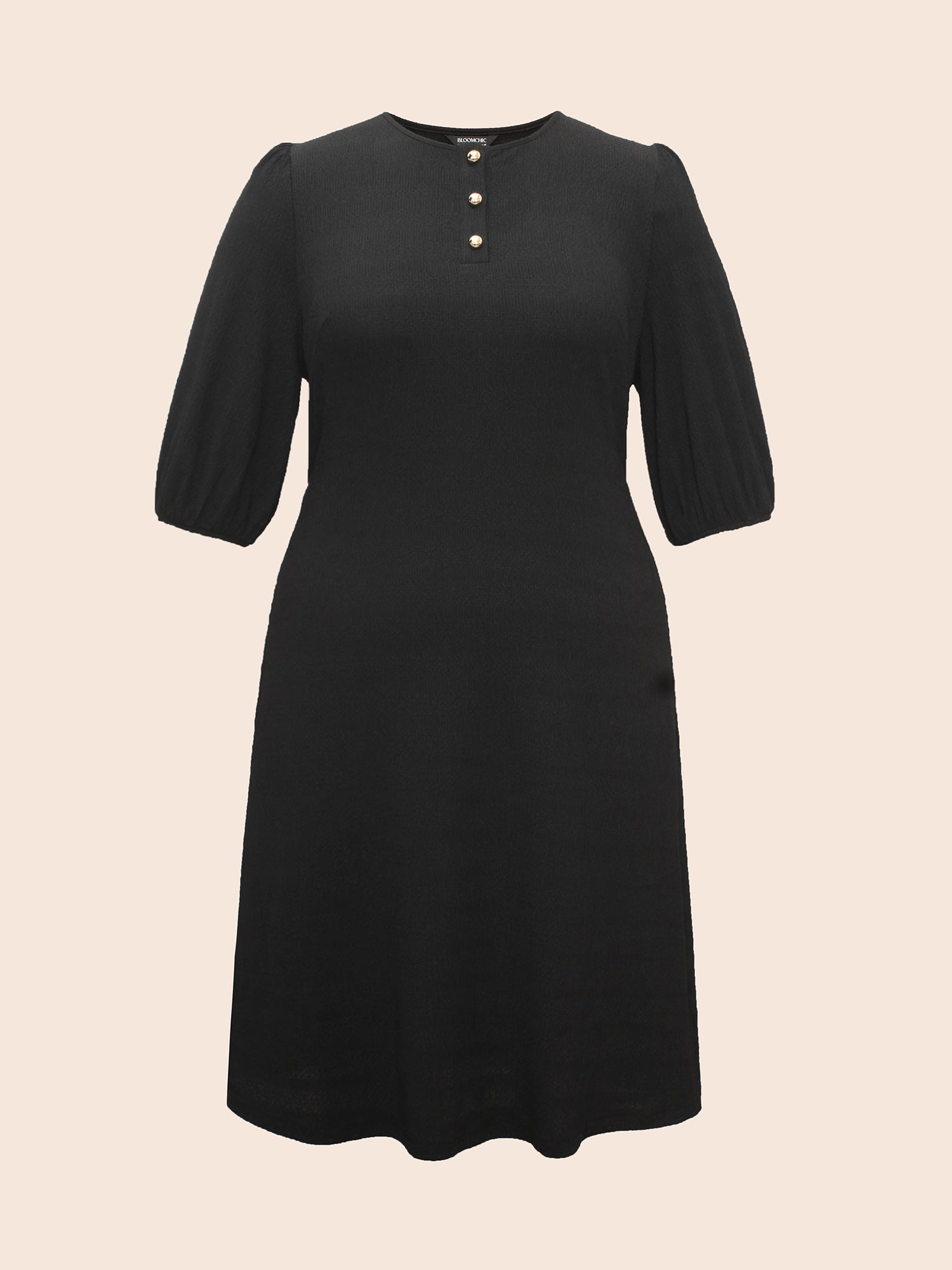 Texture Button Up Puff Sleeve Dress