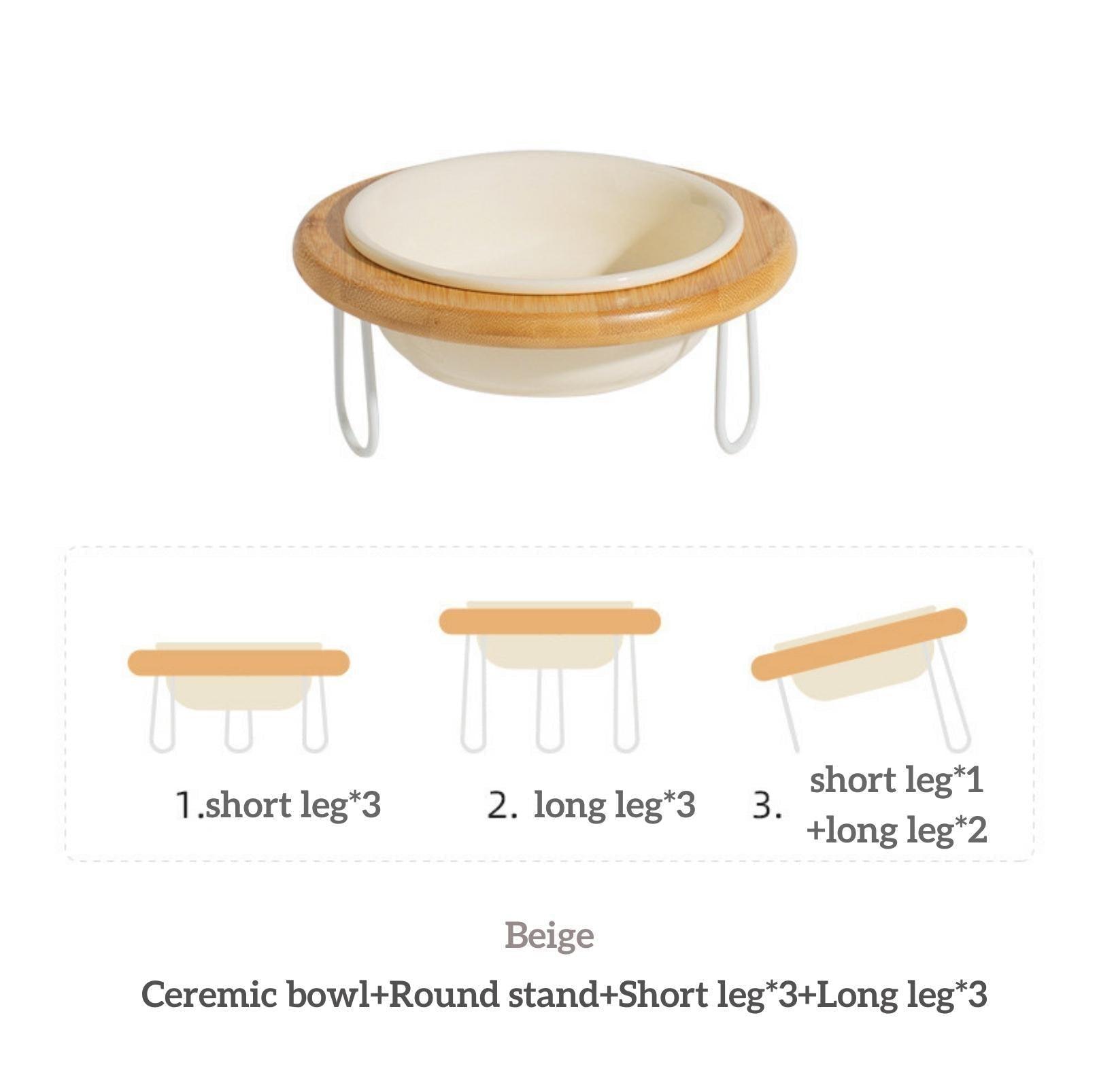 Height-Adjustable Ceramic Cat Bowls Small Dog Bowls with Bamboo Round Frame