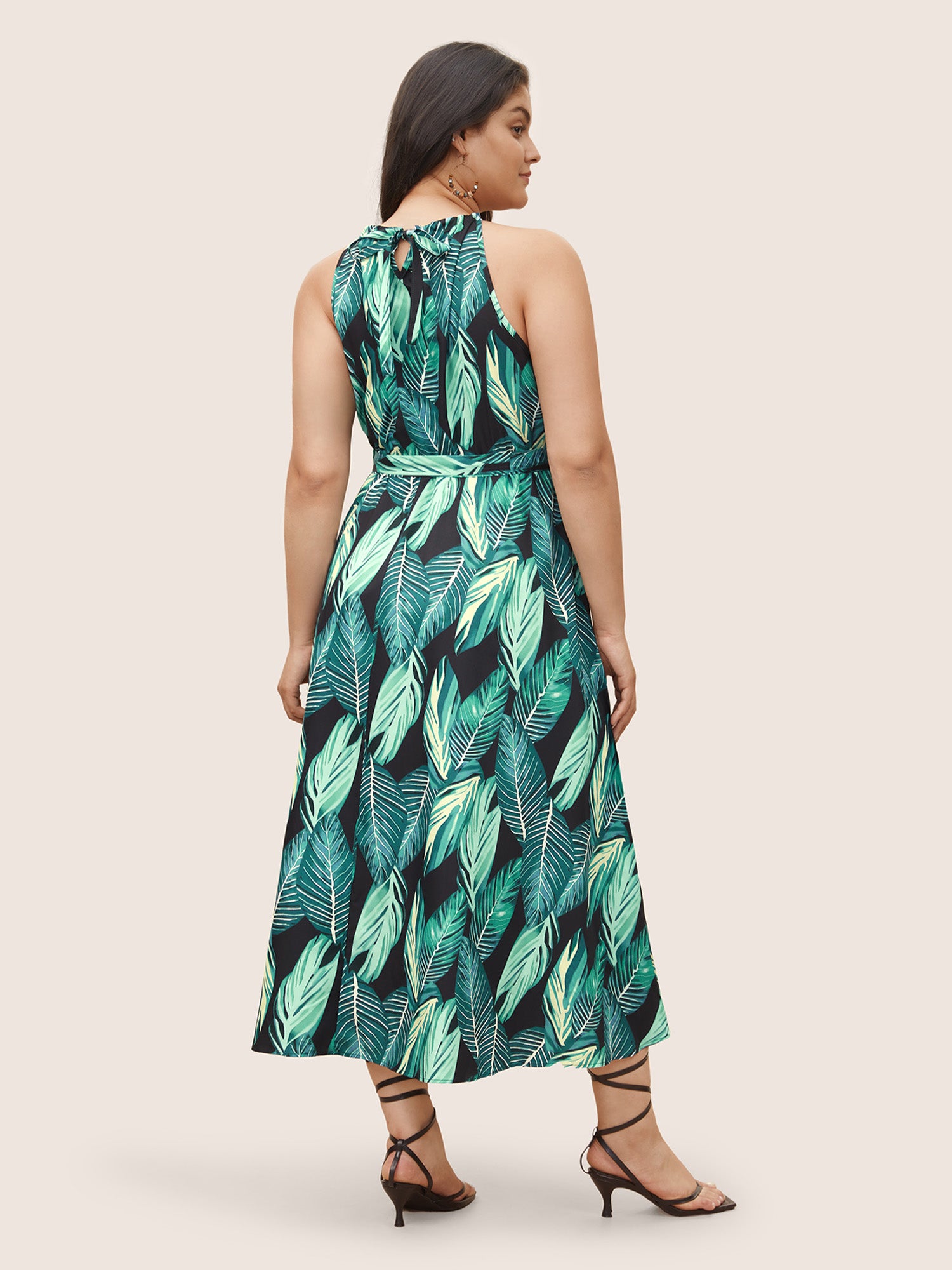 Tropical Print Knotted Pocket Ruffles Belted Halter Dress