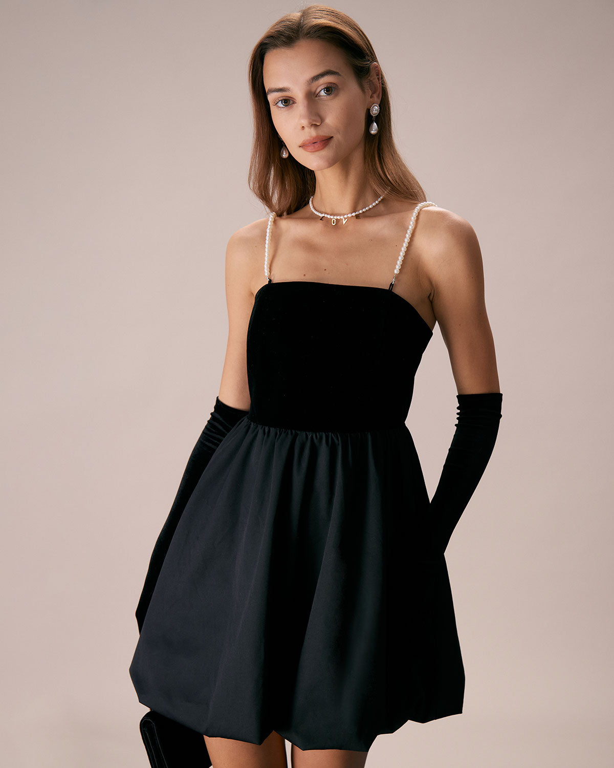 The Black Removable Straps Velvet Mini Dress