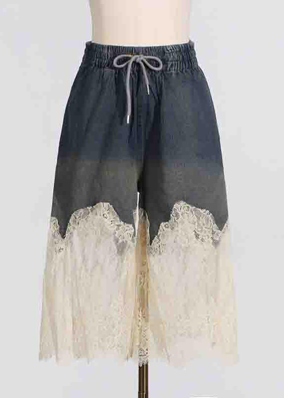 Women Navy Lace Patchwork Denim Vests And Skirts Two Pieces Set Summer