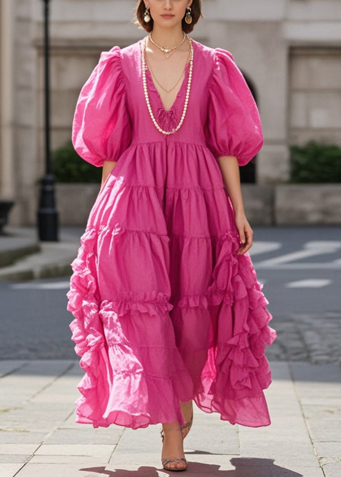 Women Rose Ruffled Exra Large Hem Cotton Dress Puff Sleeve Summer