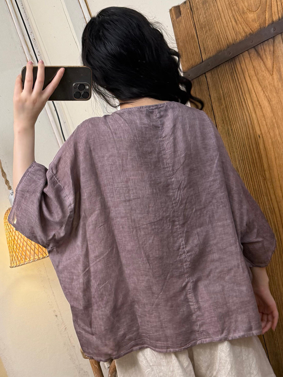 Women Summer Retro Pure Color O-Neck Linen Shirt