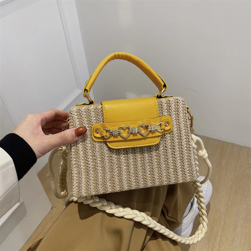 Women's Medium Straw Color Block Solid Color Vacation Beach Weave Magnetic Buckle Straw Bag