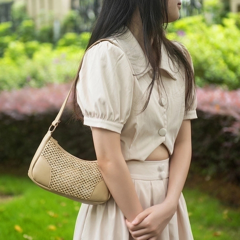 Women's Small Straw Color Block Basic Vacation Dumpling Shape Zipper Shoulder Bag Crossbody Bag Straw Bag