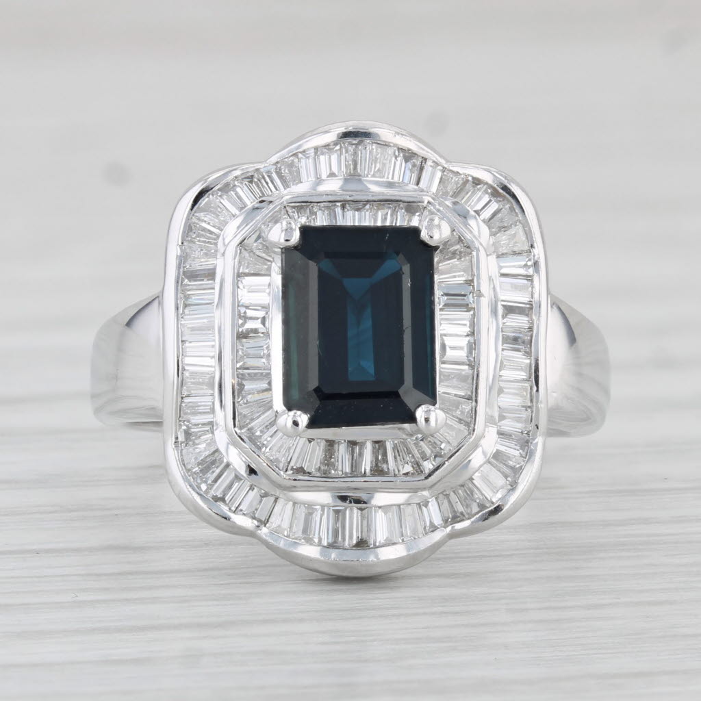 3.20ctw Emerald Cut Blue Sapphire Diamond Halo Ring 14k White Gold Size 8