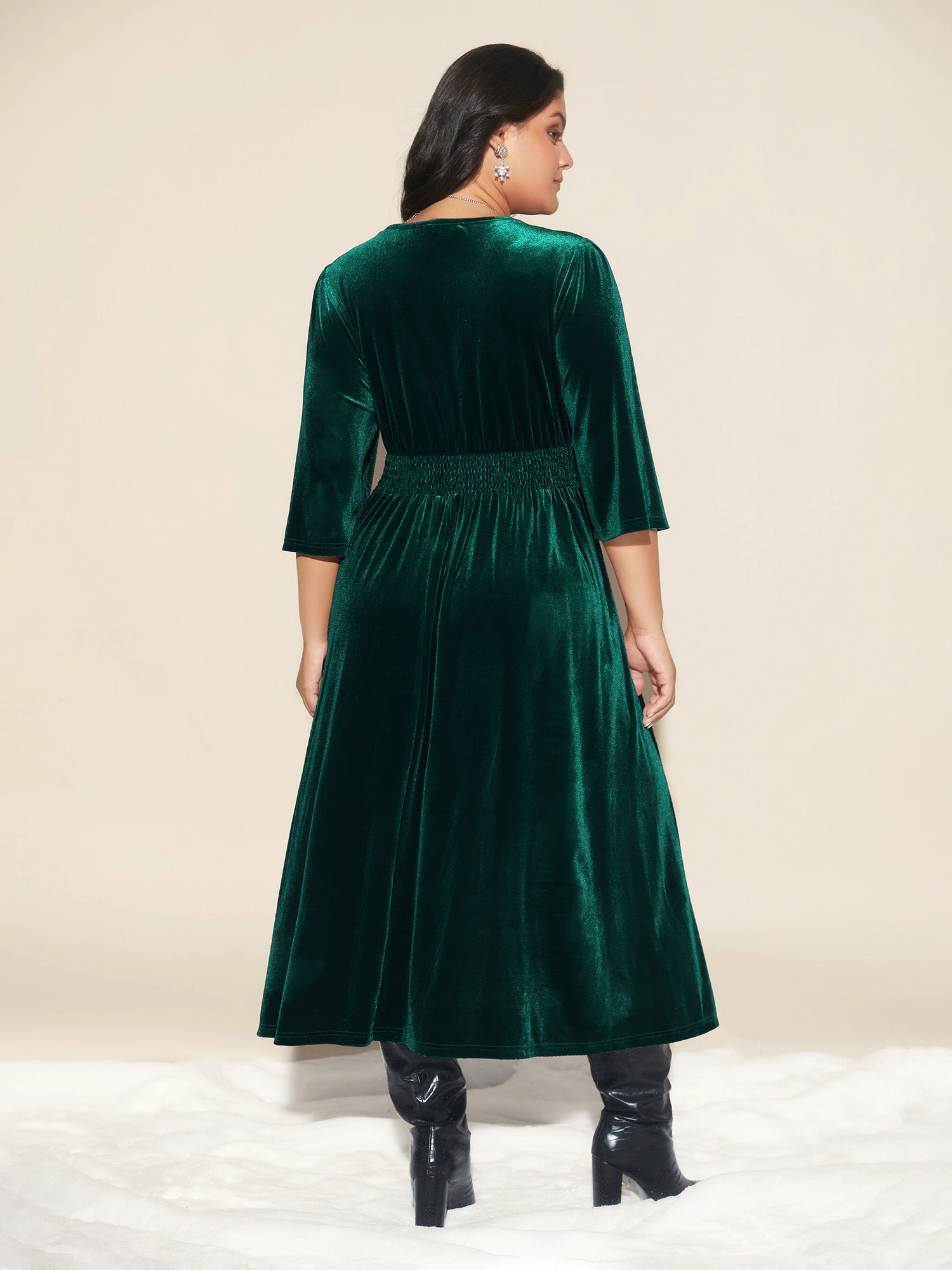 Velvet Ruched Surplice Neckline Midi Dress