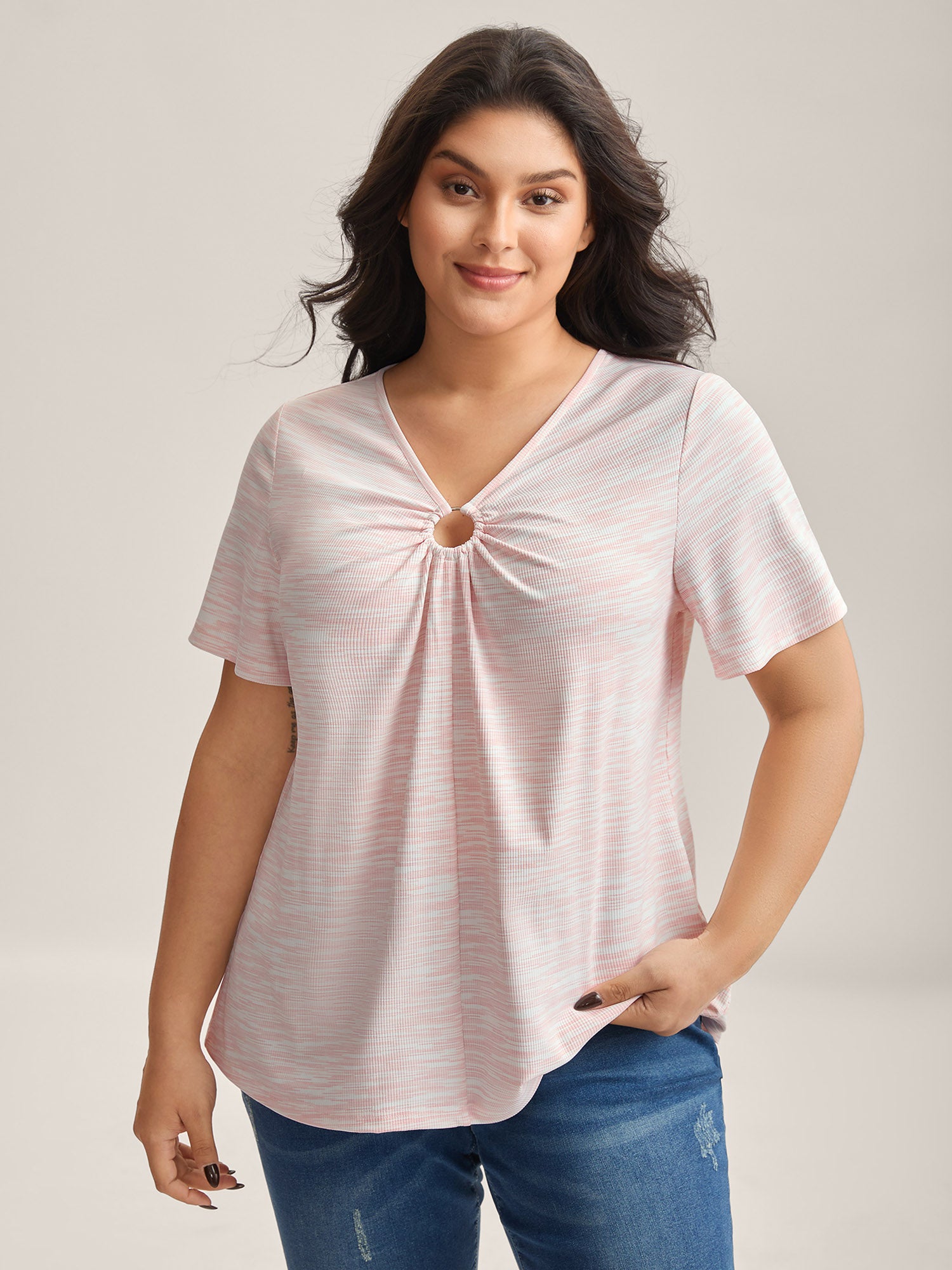 Heather Neck Keyhole Solid T-Shirt