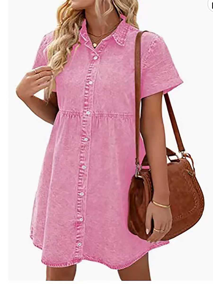 Washed Denim Lapel Loose Sweetheart Ruffle Dress