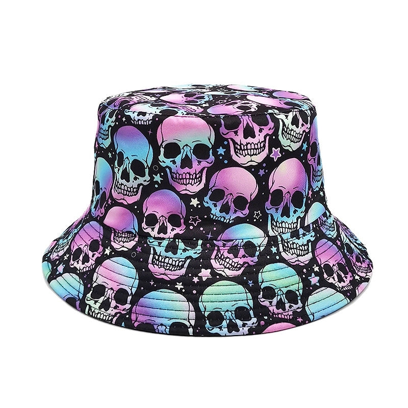 Unisex Gothic Streetwear Cool Style Skull Printing Flat Eaves Bucket Hat
