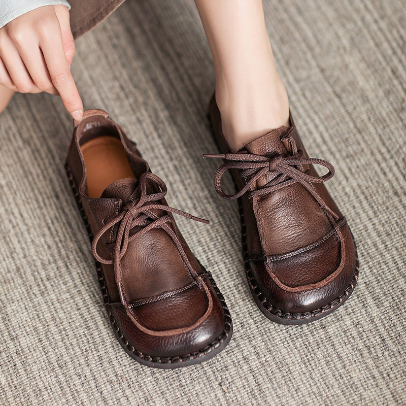 Soft Leather Oxfords & Tie Flats For Women Barefoot Shoes in Brown/Beige Handmade