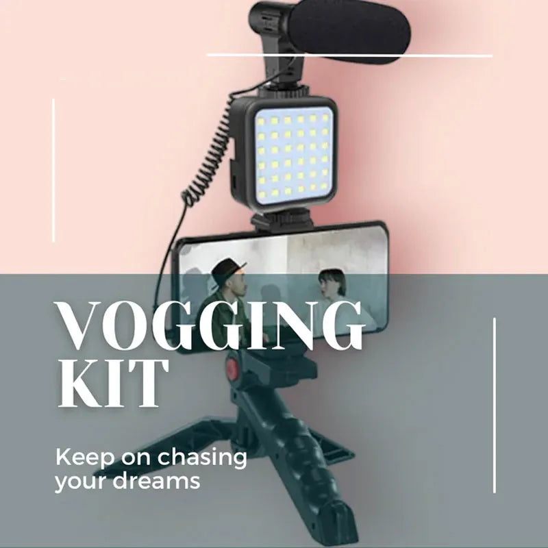 Vlogging Kit for Video Making (Mini Tripod Stand. Mic. LED Light & Phone Holder Clip)