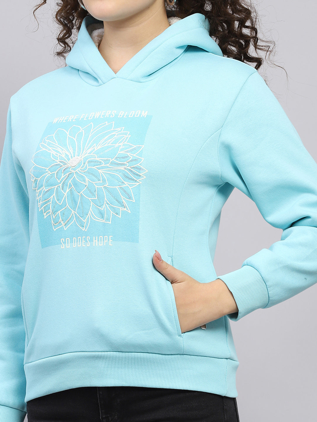 Women Blue Printed Hooded Full Sleeve Sweatshirt