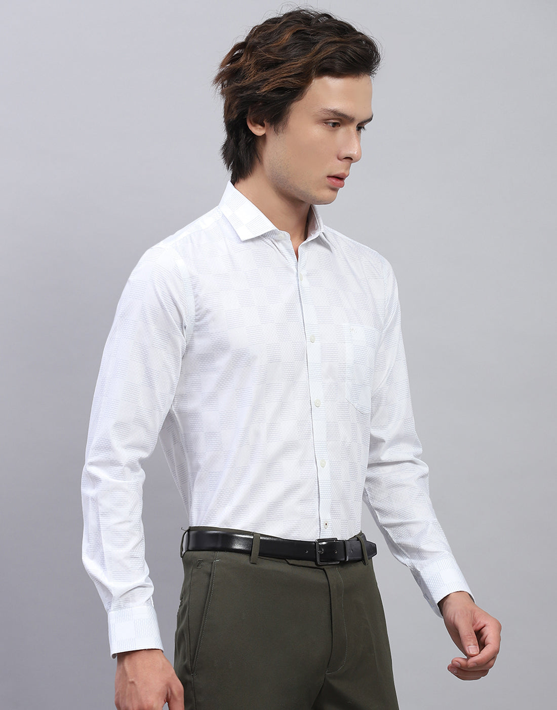 Men White Check Collar Full Sleeve Shirt