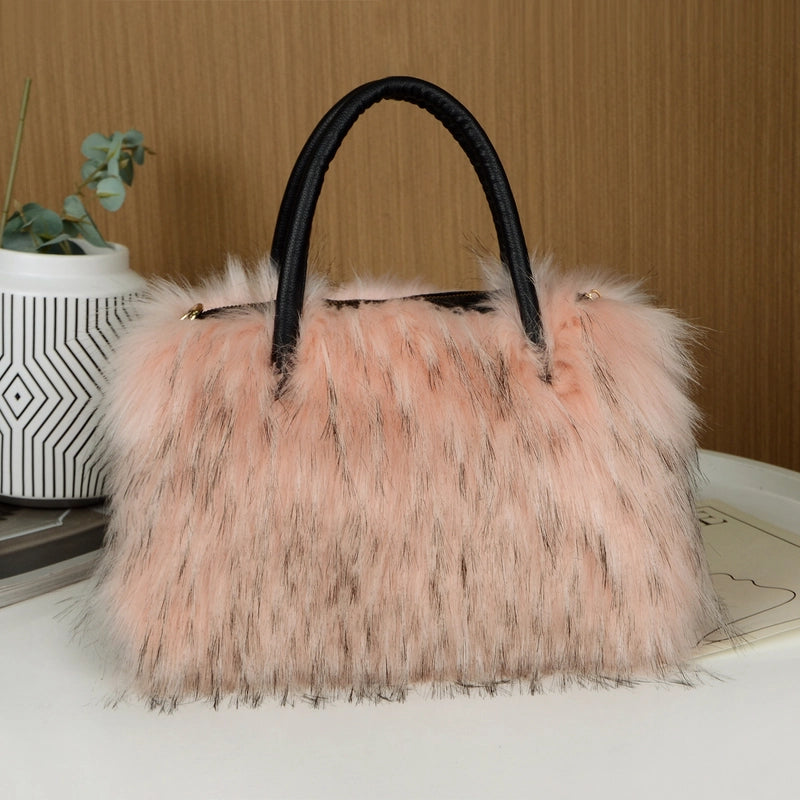 Women's Large Imitation Fur Solid Color Basic Classic Style Square Zipper Tote Bag