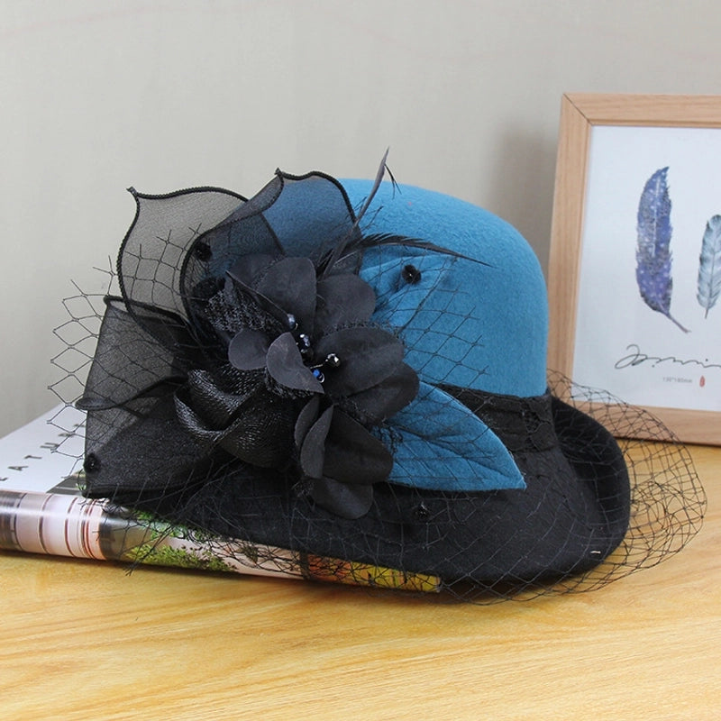 Wool Hat Women's Autumn And Winter  Vintage Basin Hat Hepburn Mesh Flower Curled Top Hat
