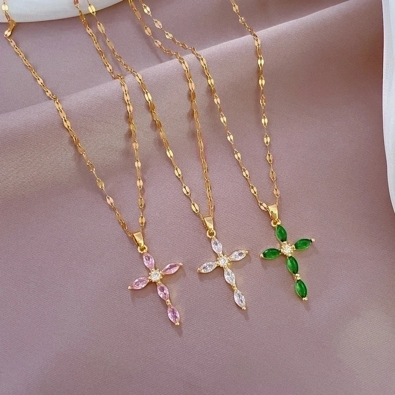 Minimalist Cross Stainless Steel Copper Inlay Zircon Pendant Necklace