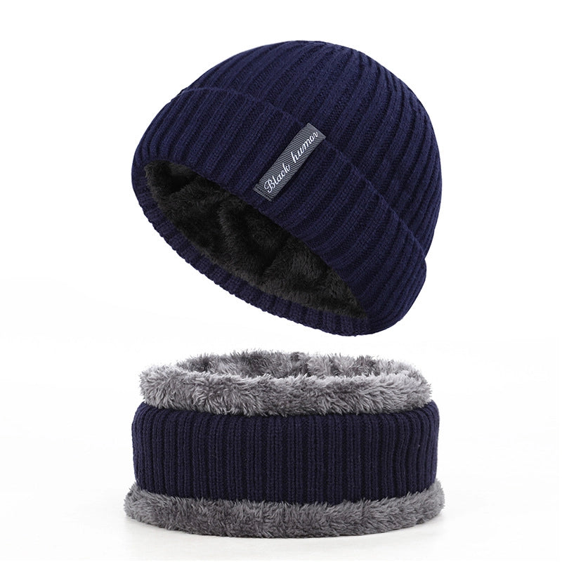 Autumn And Winter New Men's Style Knitted Hat Plus Velvet Padded Scarf Two-piece Warm Knitted Hat