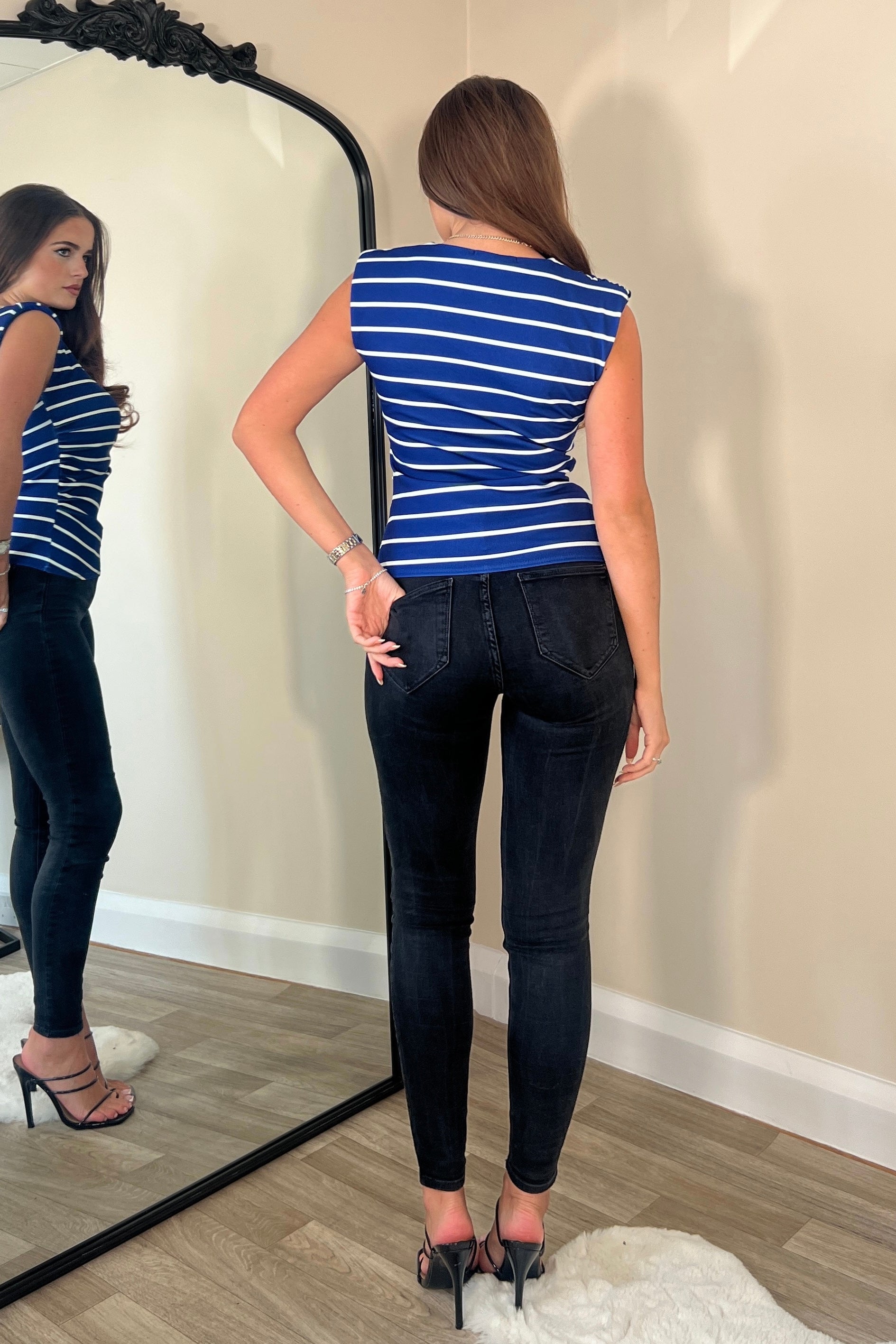 Pari Stripe Ruched Shoulder Pad Top Cobalt