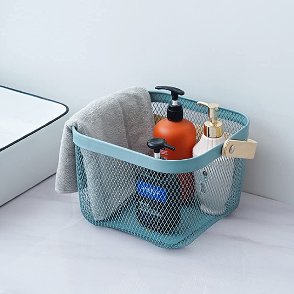 Mesh Steel Basket with Wooden Handle-Square Blue