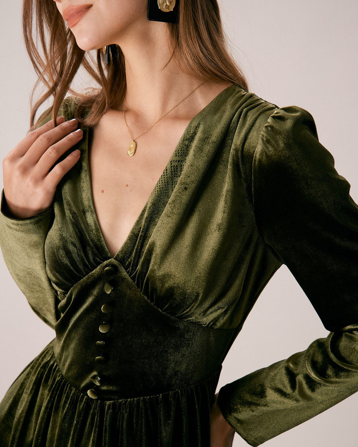 The Green V Neck Velvet Ruched Midi Dress