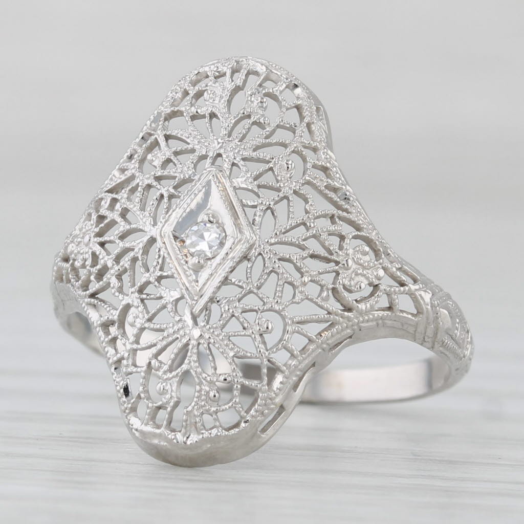 Vintage Diamond Filigree Ring 14k White Gold Size 6.5