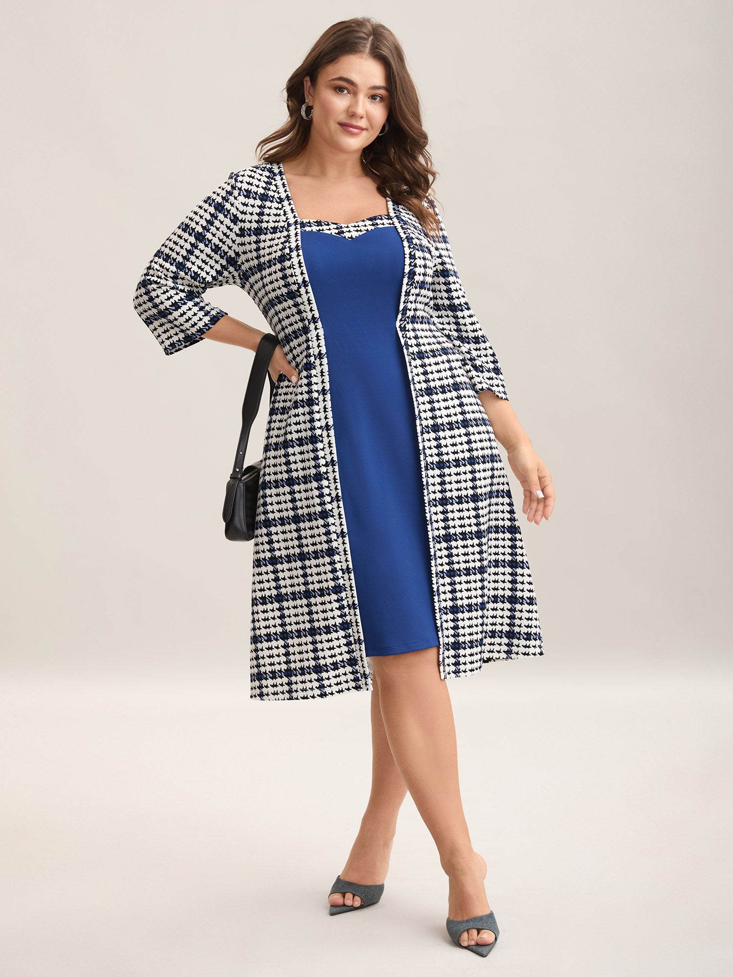 Houndstooth Print Waist-Cinched Patchwork Midi Dress