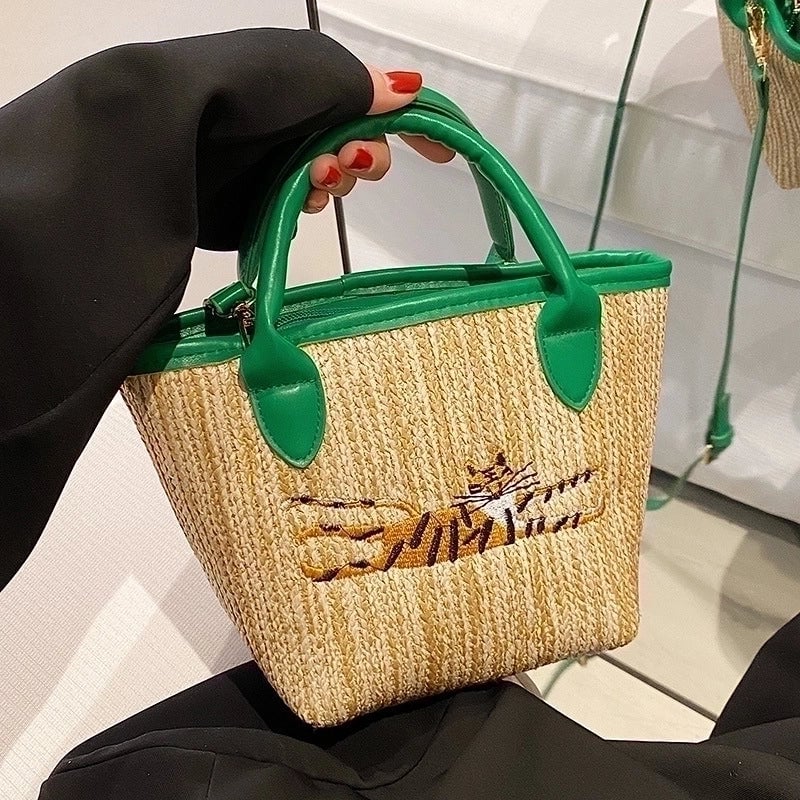 Women's Medium Straw Tiger Ethnic Style Zipper Straw Bag