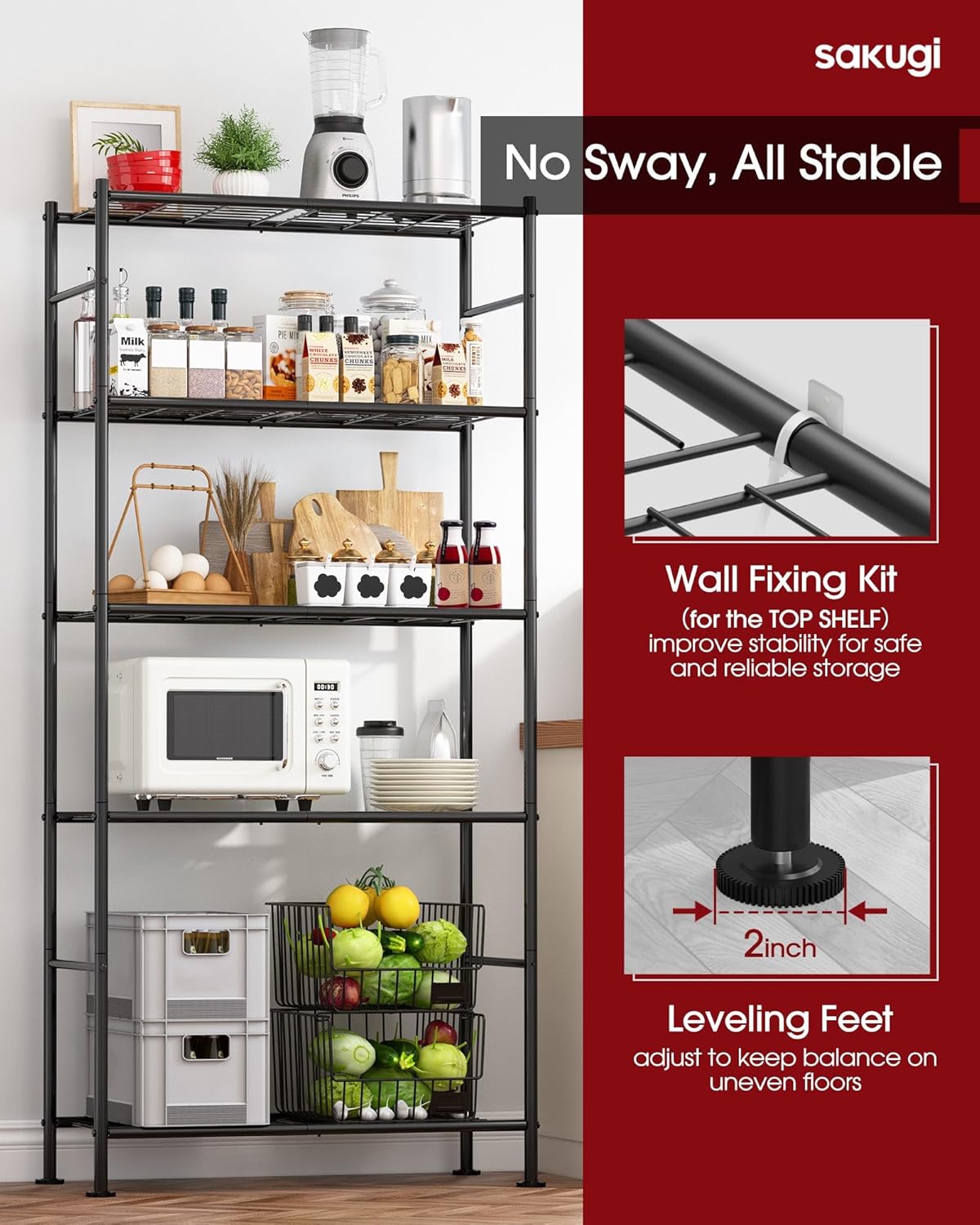 Storage Shelves - 5 Tier Shelf Organizer. Heavy Duty Garage Shelving Unit with Leveling Feet. Stable Metal Shelves Organizer for Pantry. Kitchen and Closet. 33.0 W x 12.6 D x 72.0 H. Black
