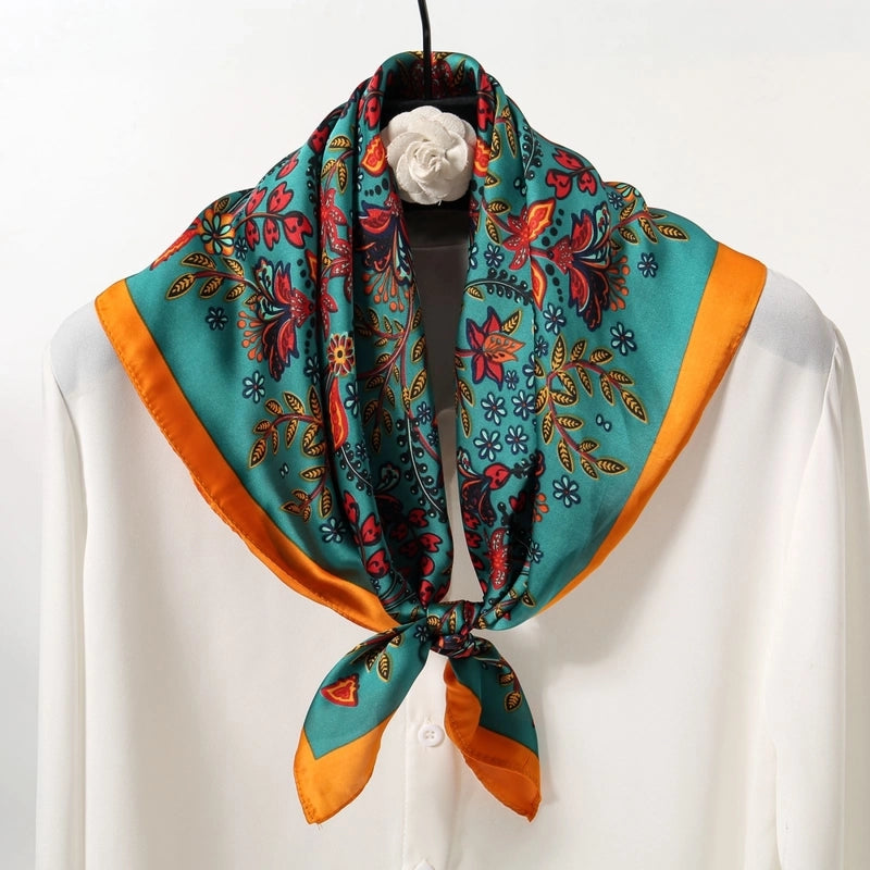 Women's Elegant Color Block Flower Satin Silk Scarf Kerchief