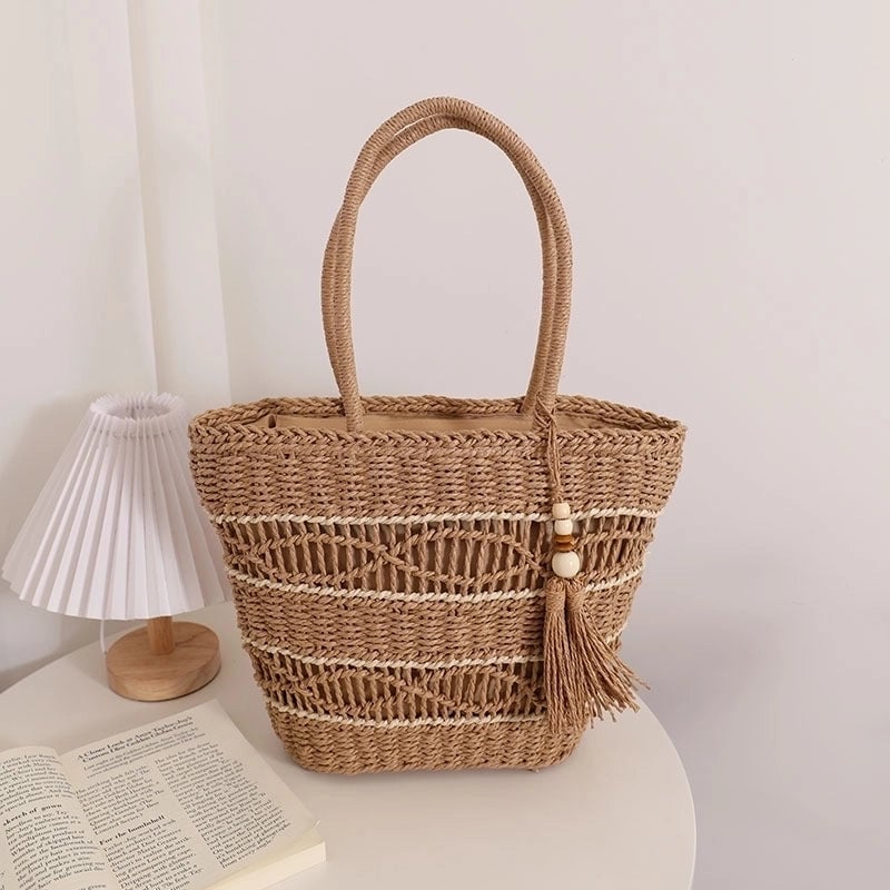 Women's Medium Straw Color Block Vintage Style Square Zipper Handbag