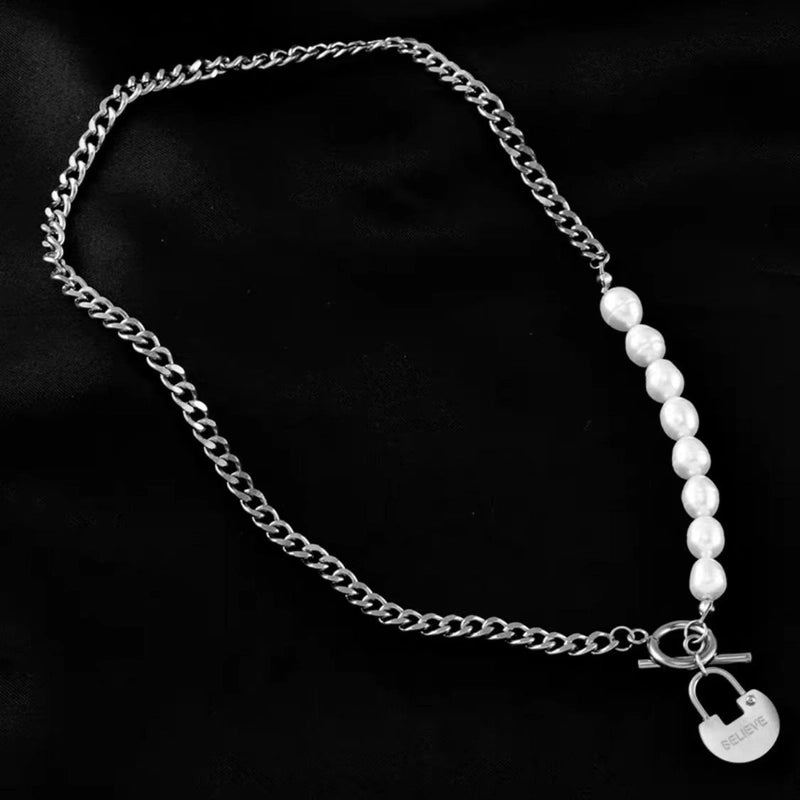 Fashion Cross Heart Shape Titanium Steel Pearl Chain Necklace 1 Piece