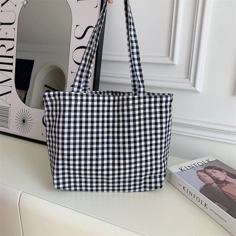 Large Capacity Plaid Canvas Bag Shopping Bag Student Shoulder Handbag Vintage Tote Bag