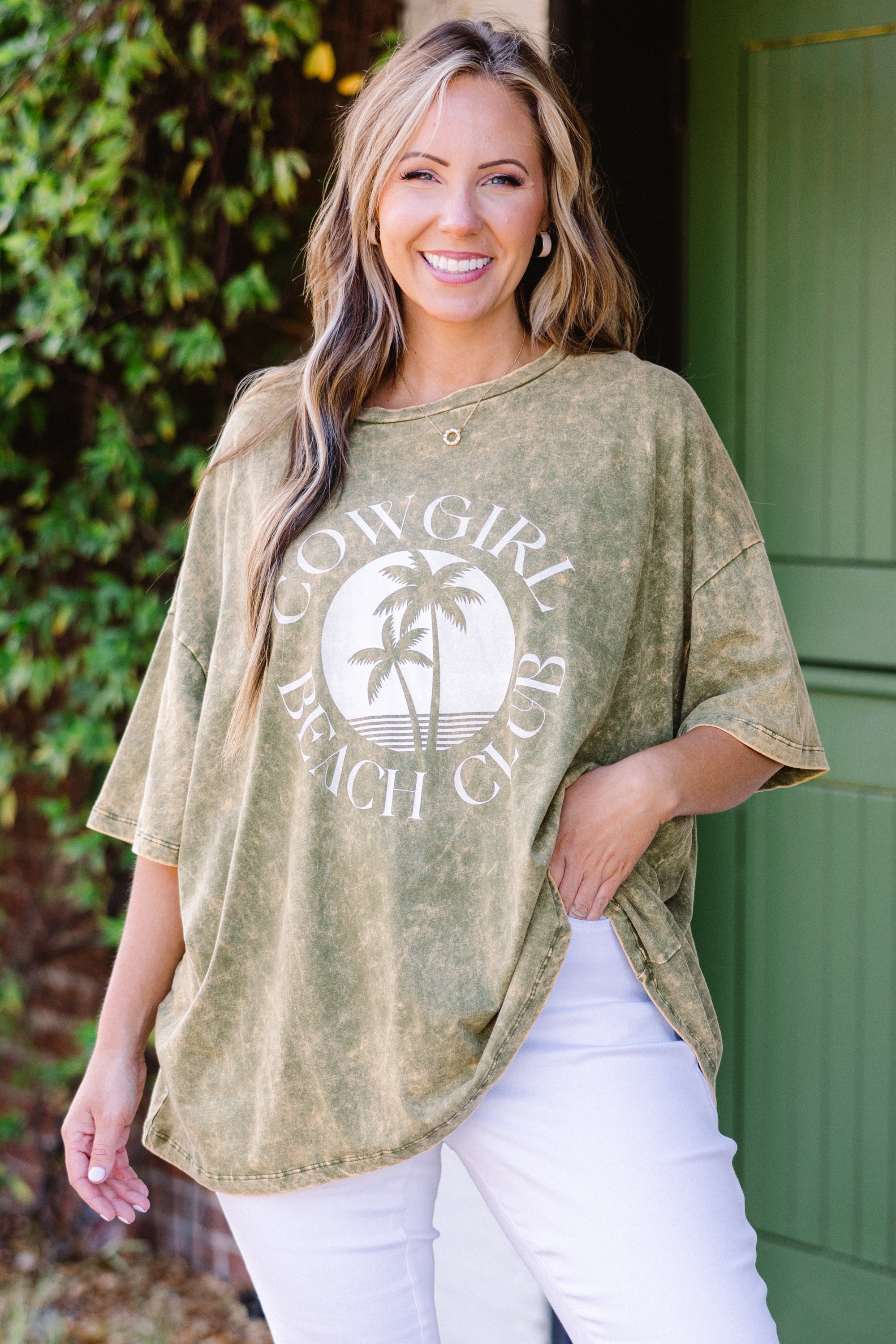 Cowgirl Club Acid Wash Boyfriend Tee. Golden Olive