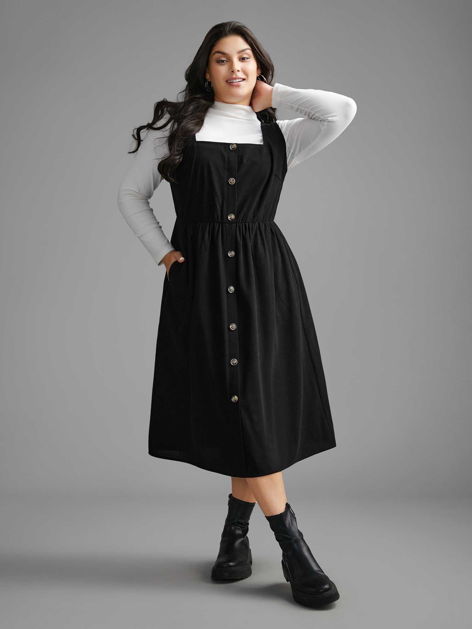 Corduroy Square Neck Button Detail Dress