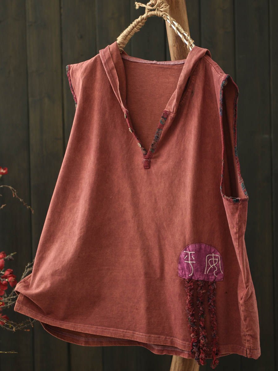 Women Summer Retro Embroidery Cotton Hooded Vest