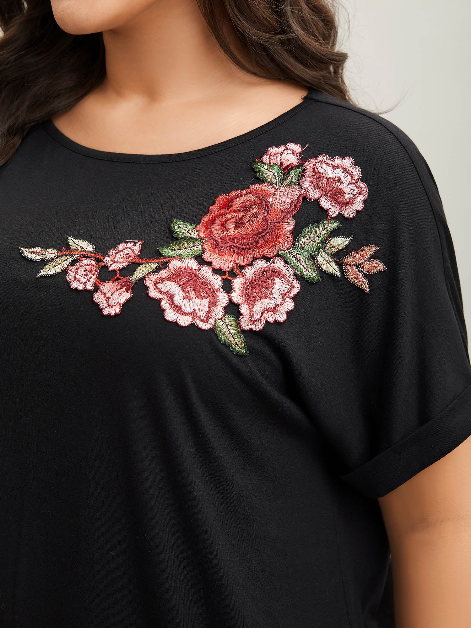 Floral Detail Stretchy Knit Plain Top