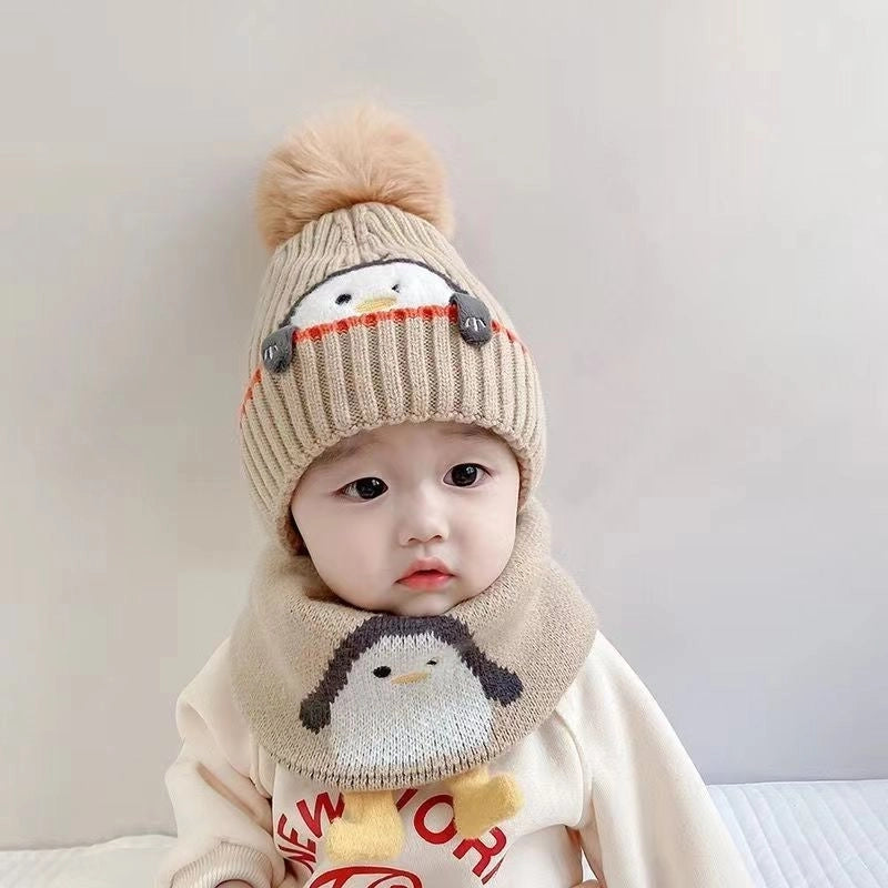 A Children's Hat Fleece-lined Baby Thick Wool Hat Warm Baby Hat Winter Knitted Hat Scarf Two-piece Set