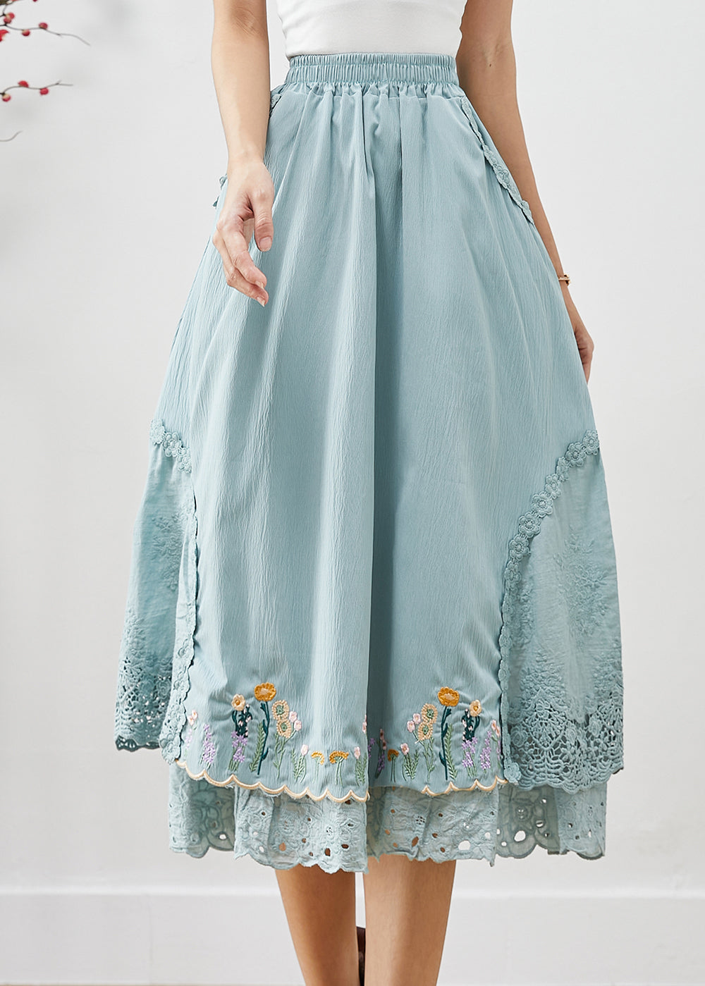 Natural Sky Blue Embroideried Patchwork Cotton Skirt Spring