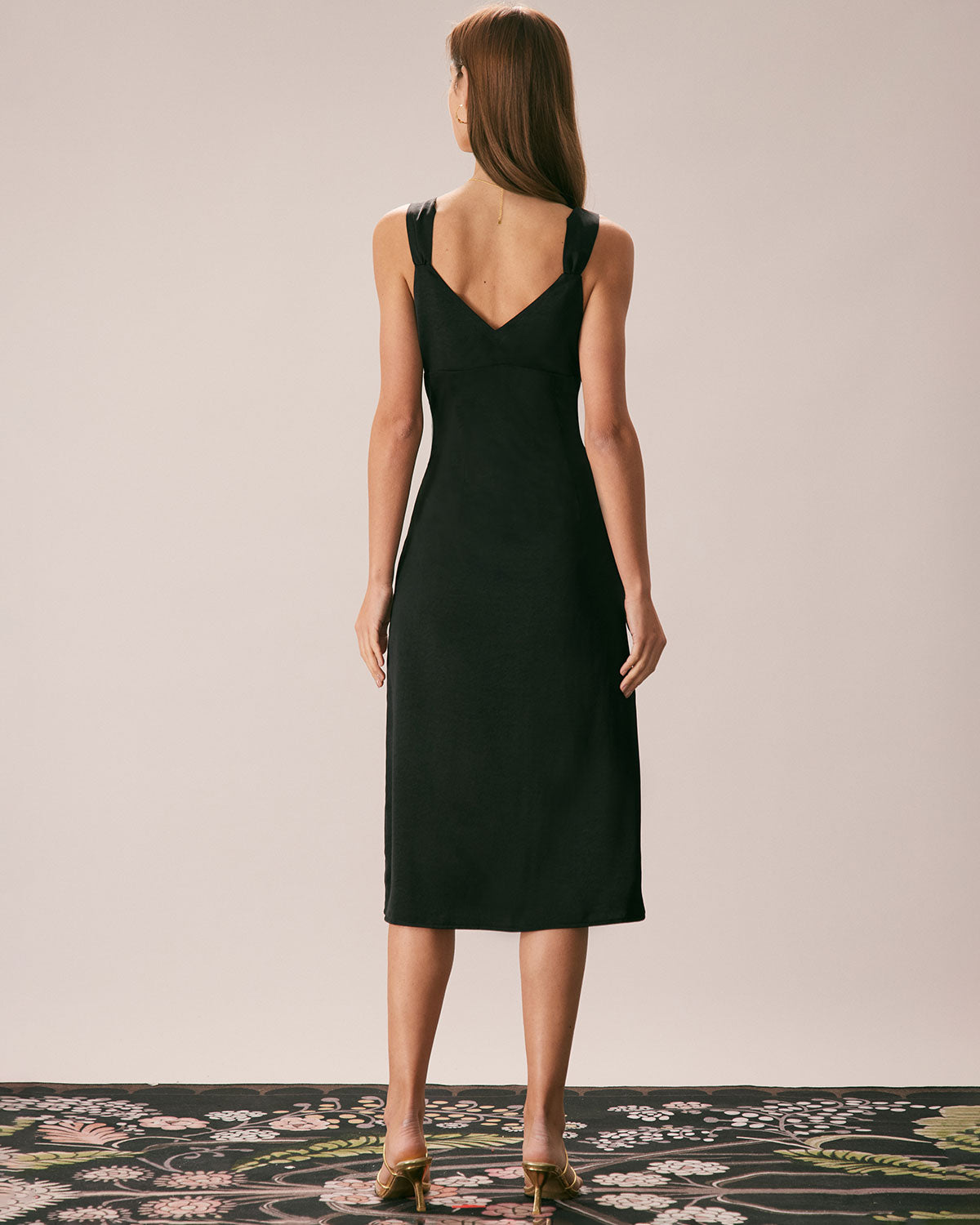 The Black V Neck Ruched Satin Midi Dress