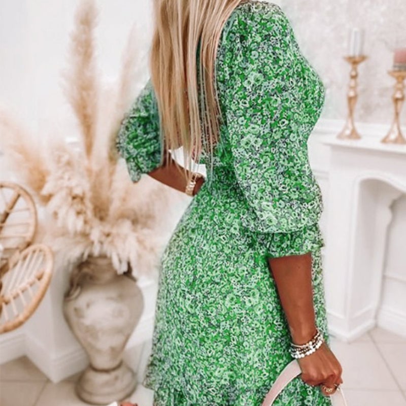 49% OFF🔥Puff Sleeve Mid Waist Floral Dress