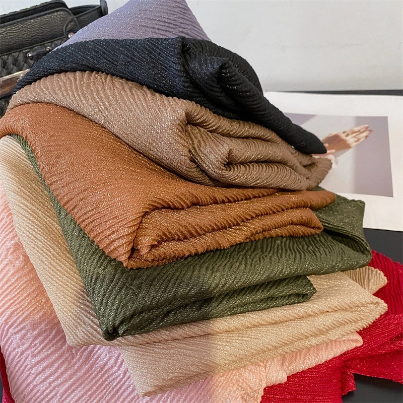 Heavy Bright Silk New Pleated Texture Scarf Women's Autumn And Winter All-Matching Long Solid Color Shawl Dual-Use