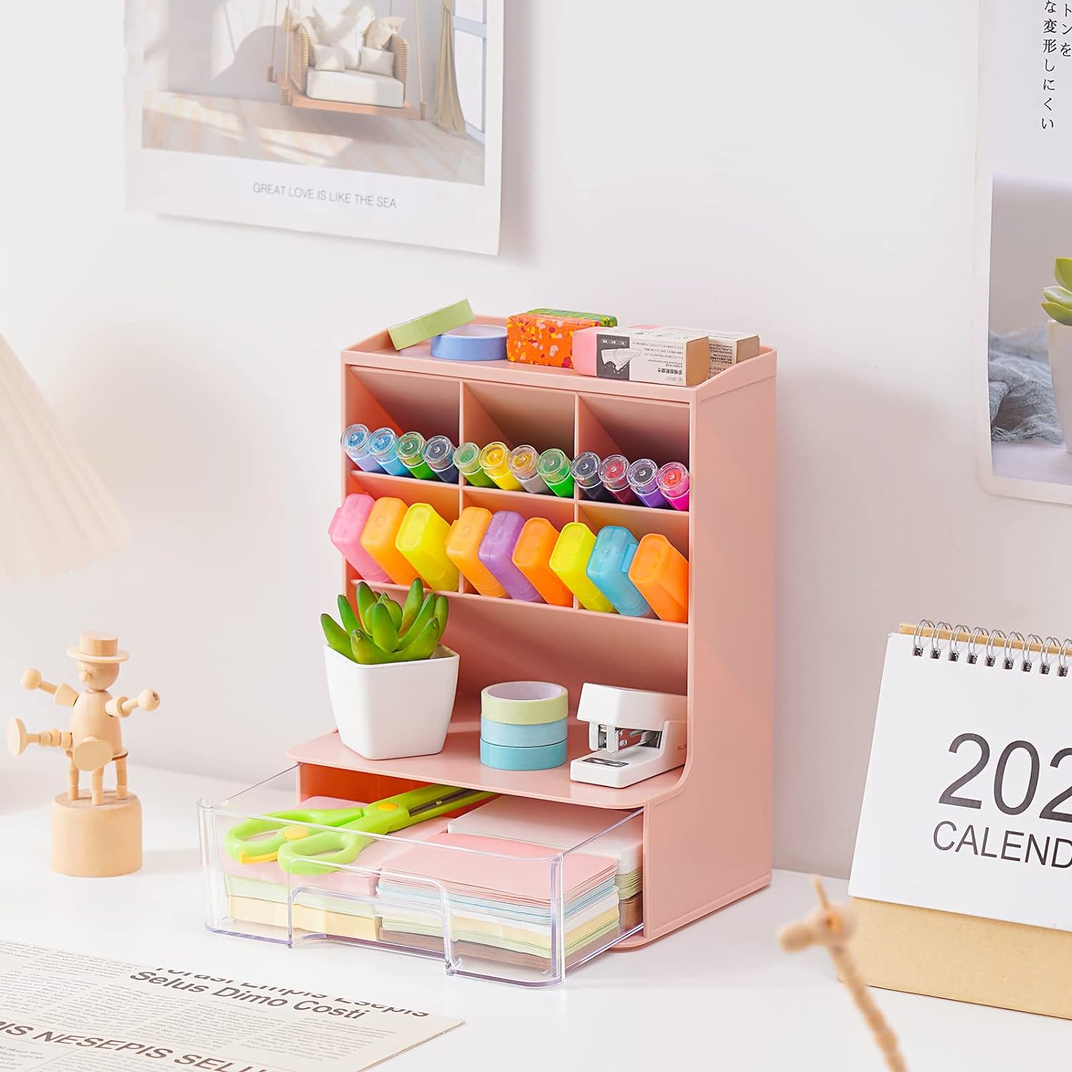 Desk Pencil Pen Holder. Slant Pen Organizer With Drawer. Desktop Storage Stationery Supplies Organizer For School Office