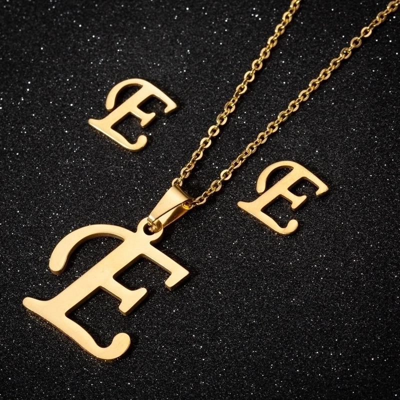Women's Fashion Minimalist Letter Stainless Steel Pendant Necklace Ear Studs Plating Jewelry Sets