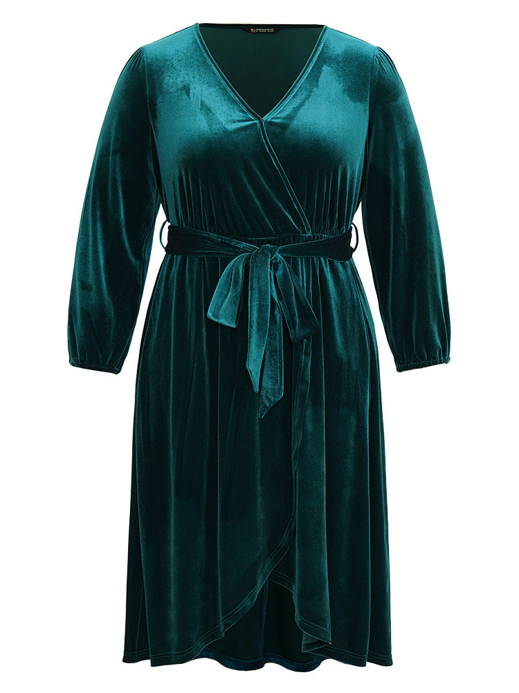 Solid Velvet Belted Wrap Arc Hem Dress