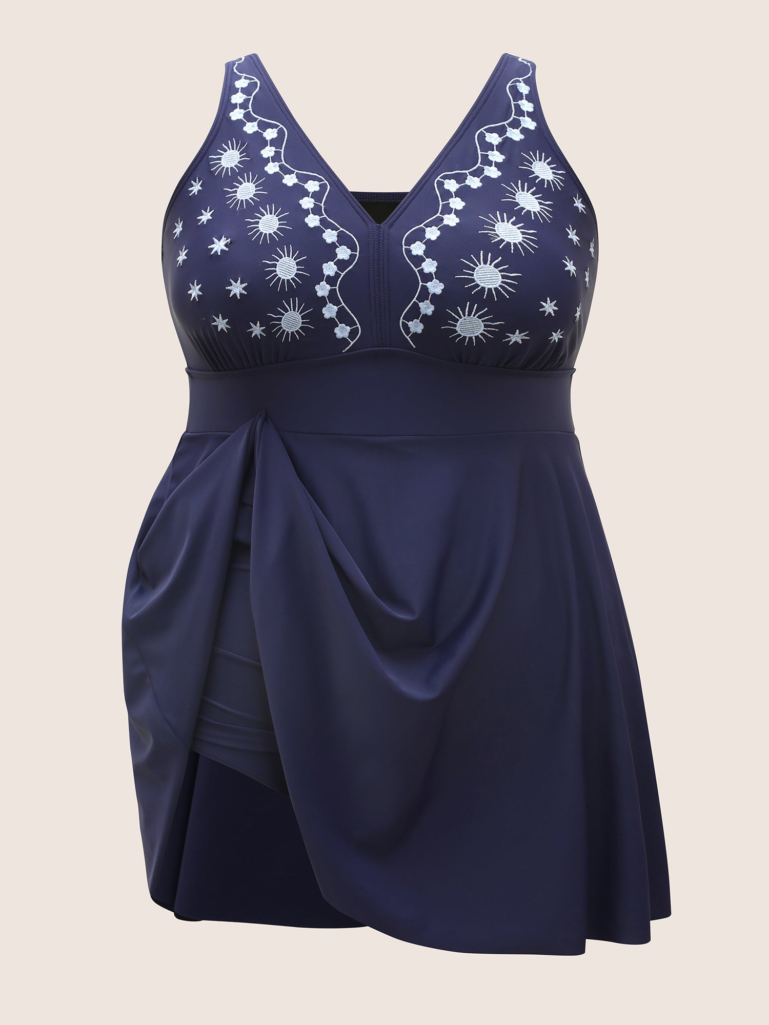 V Neck Moon & Star Embroidered Gathered Swim Dress