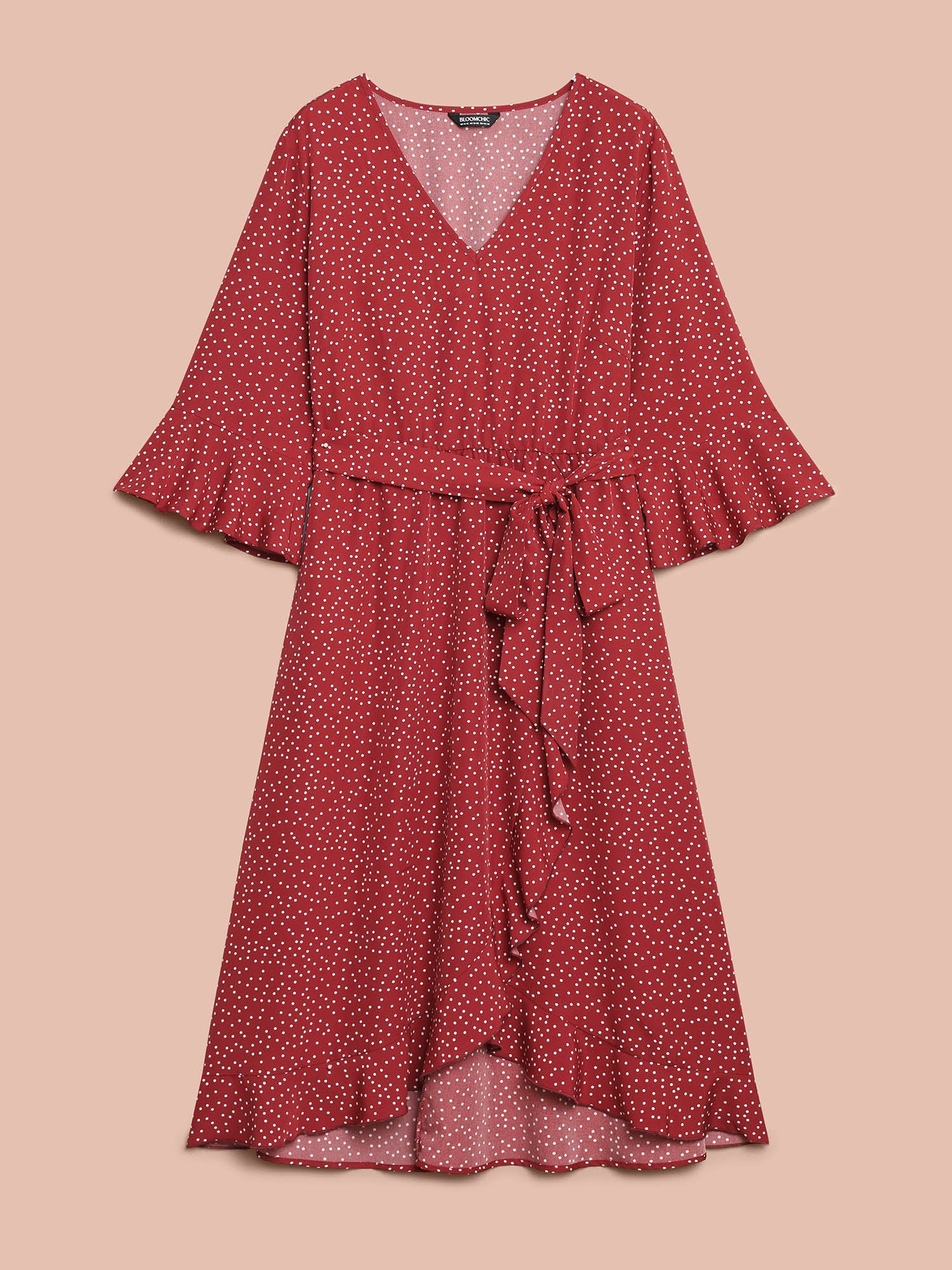 Polka Dots Waist-Tie Ruffled Midi Dress